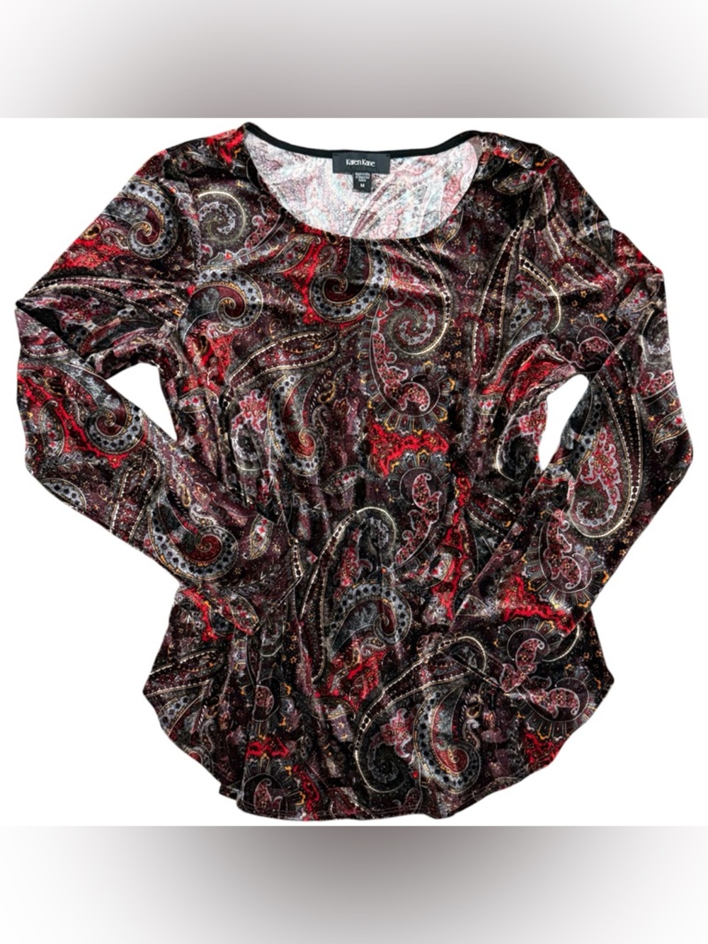 Karen Kane Paisley Velvet Top Women M Red Black Boho Chic